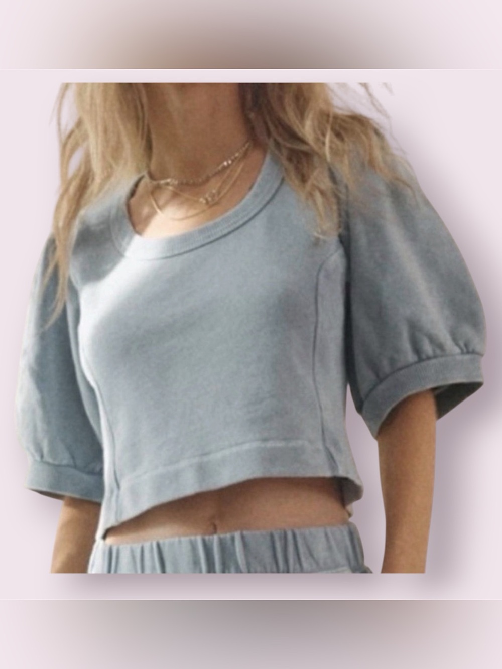 Aerie Seams Right Short Puff Sleeve Cropped Sweatshirt Blue Wash Size XXL
